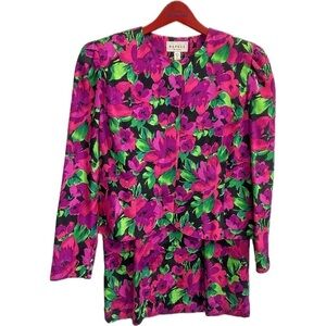 Papell Petites 100% Silk Floral Blouse and Skirt Set